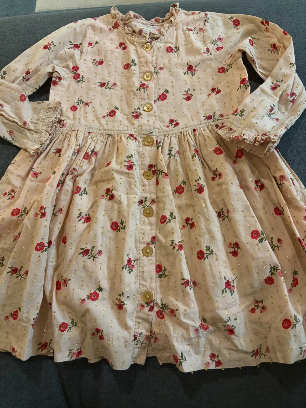 Pink Chicken Cream and Pink Floral Button-Front Dress with Gold Accents